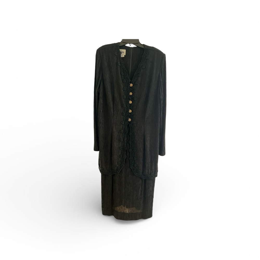 Vintage Leslie Fay Black Mock Jacket Dress | Textured | Gold Buttons | Size 16
